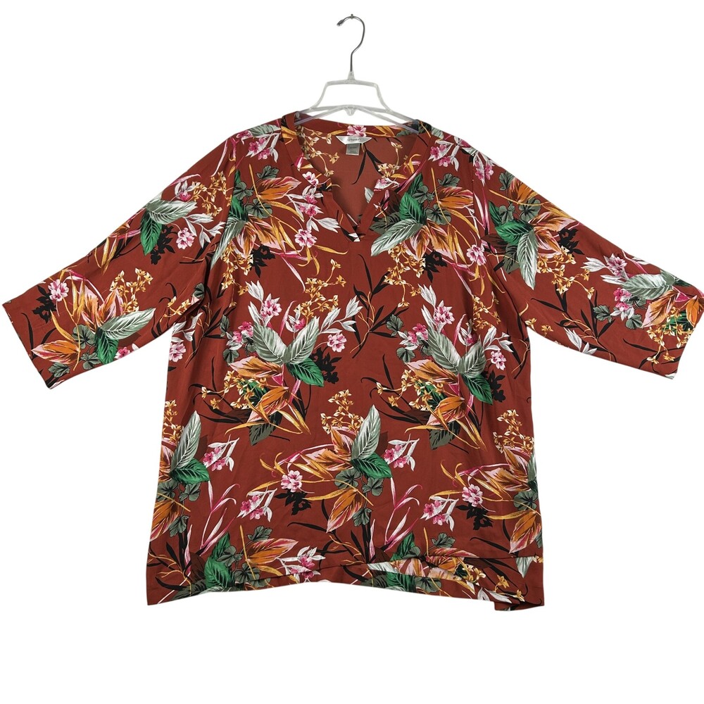 CJ Banks Blouse Womens 20/22W Orange Floral V-Neck Tunic Top Roll Tab Sleeve